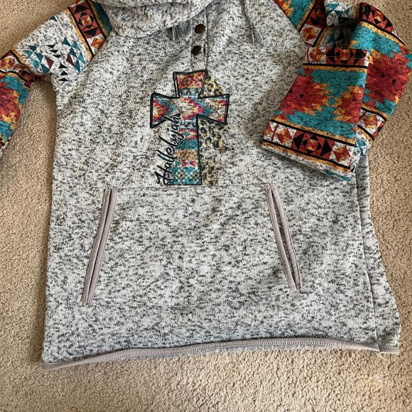 Gray & Aztec Print *Hallelujah* Hoodie | Heather Gray | Kangaroo Pocket | Size L - Picture 9 of 11